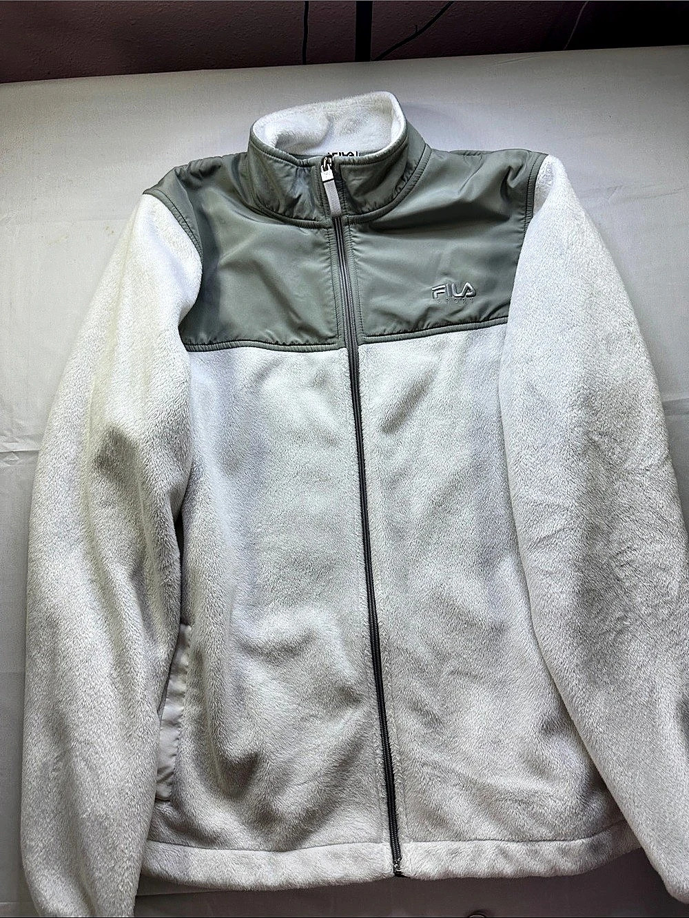FILA Color Block Fleece Jacket in White & Green